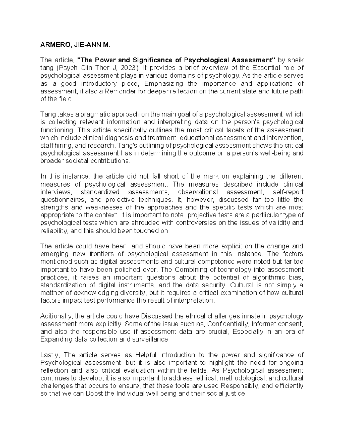 Psychological Assessment: Power, Significance, and Challenges - Studocu