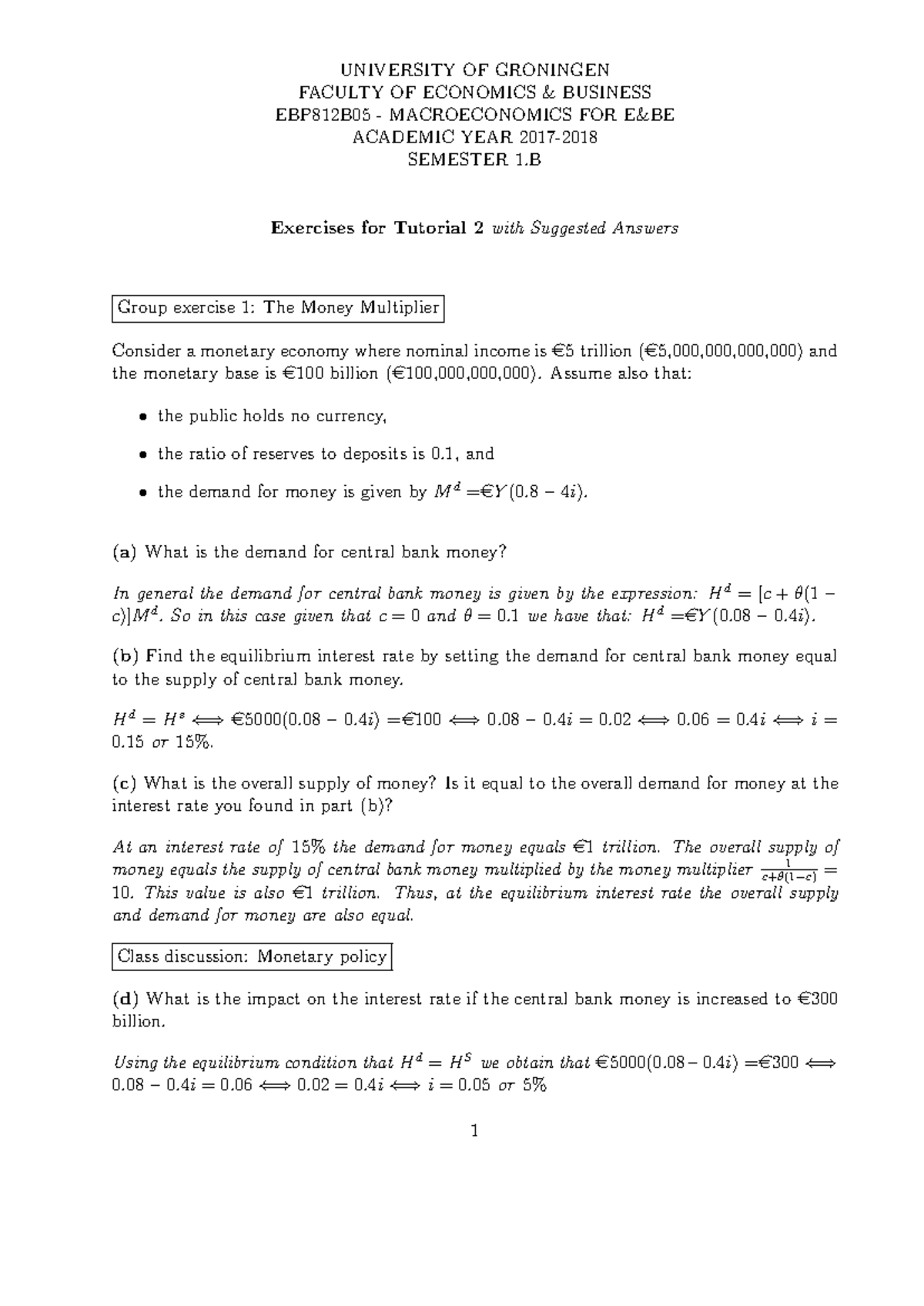 Problem Set 2 Solutions - EBP812B05 Macroeconomics for E&BE - Studeersnel