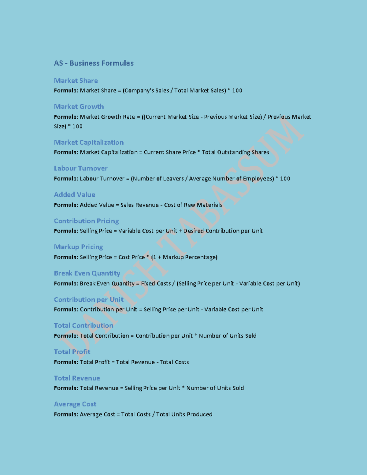 AS Business Formulas: Key Market & Financial Formulas Explained - Studocu