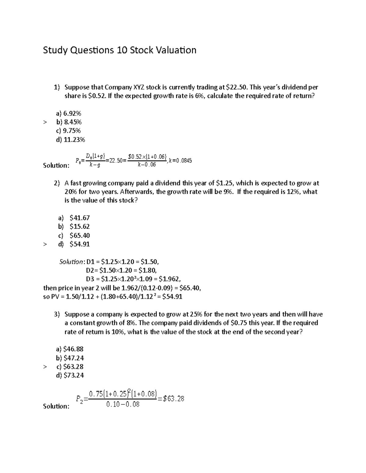 Study Questions 10 Stock Valuations Solutions - Study Questions 10 ...