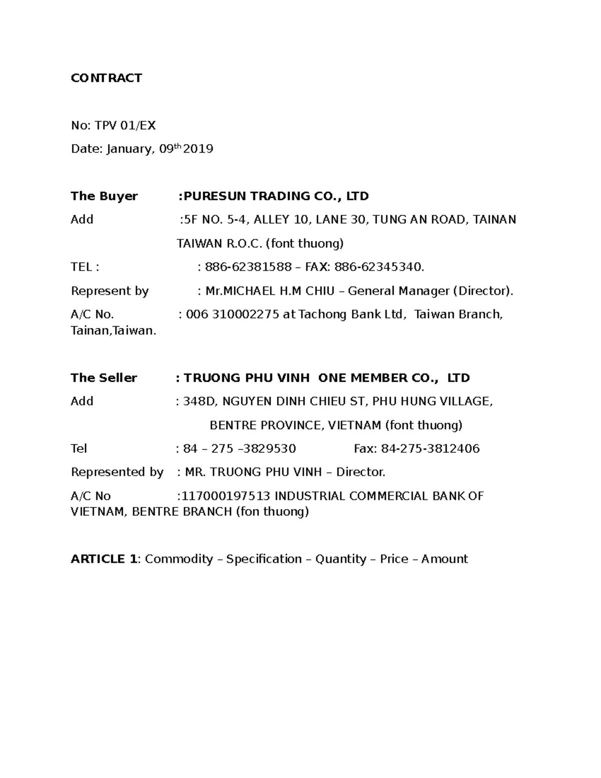 Contract Sample Review for TPV 01/EX - Coconut Sap Agreement - Studocu