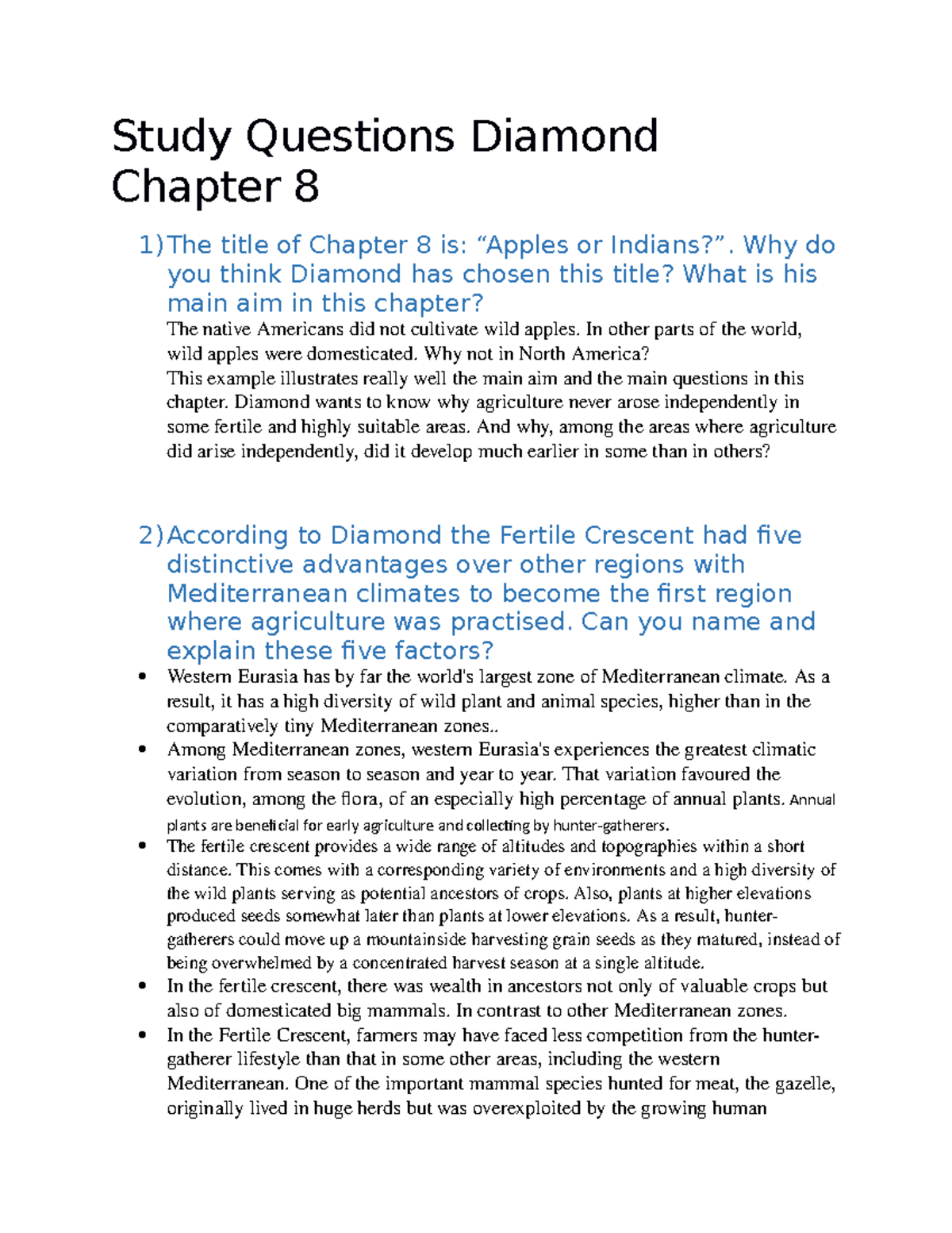 Diamond Study Questions for Chapters 8, 9, and 10 Analysis - Studeersnel