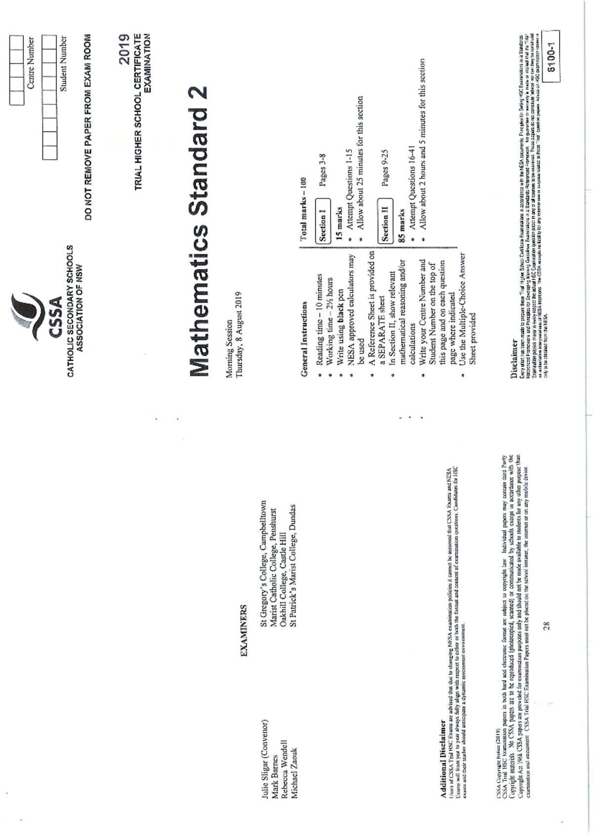 2019 CSSA Mathematics Standard 2 Exam Paper - Studocu