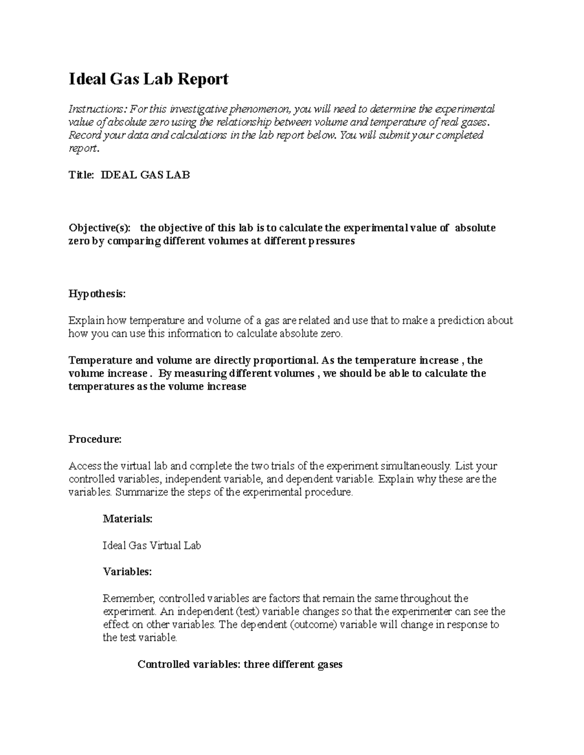 Ideal Gas Lab Report: Determining Absolute Zero Value - Studocu