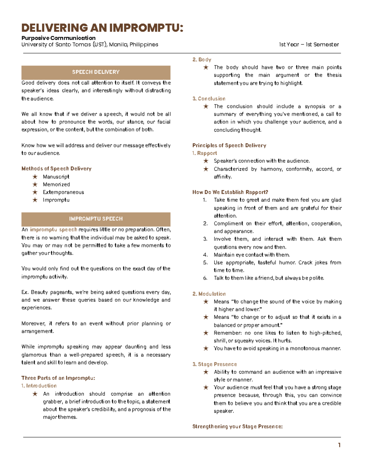 Purposive Communication Lecture Notes: Impromptu Speech Delivery - Studocu