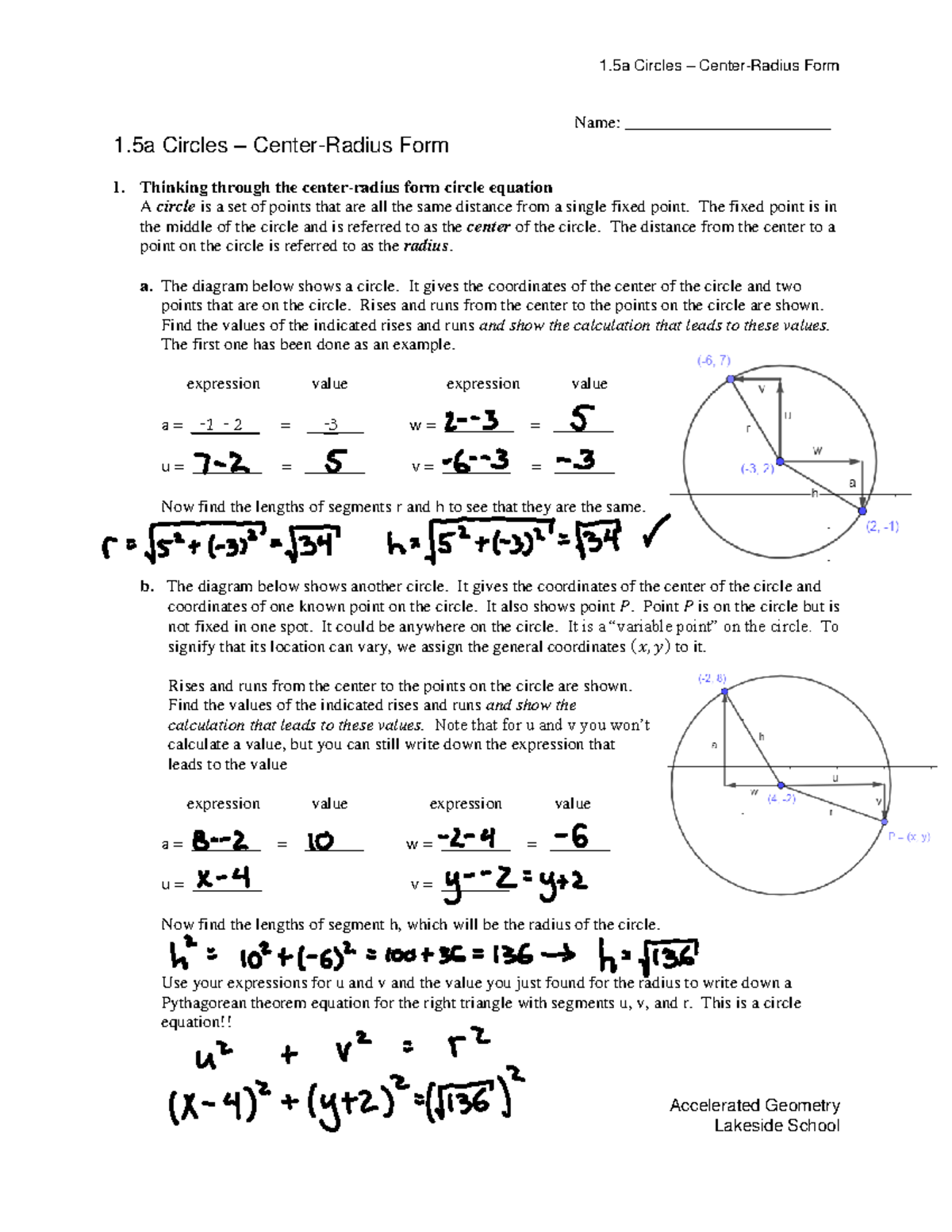 1.5a Circles - Center-Radius Form Solutions | Accelerated Geometry ...