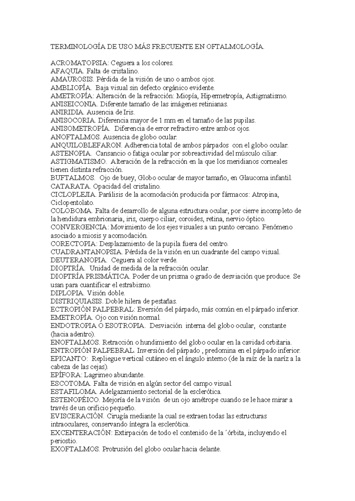 Terminología Común en Oftalmología: Definiciones y Términos Clave - Studocu