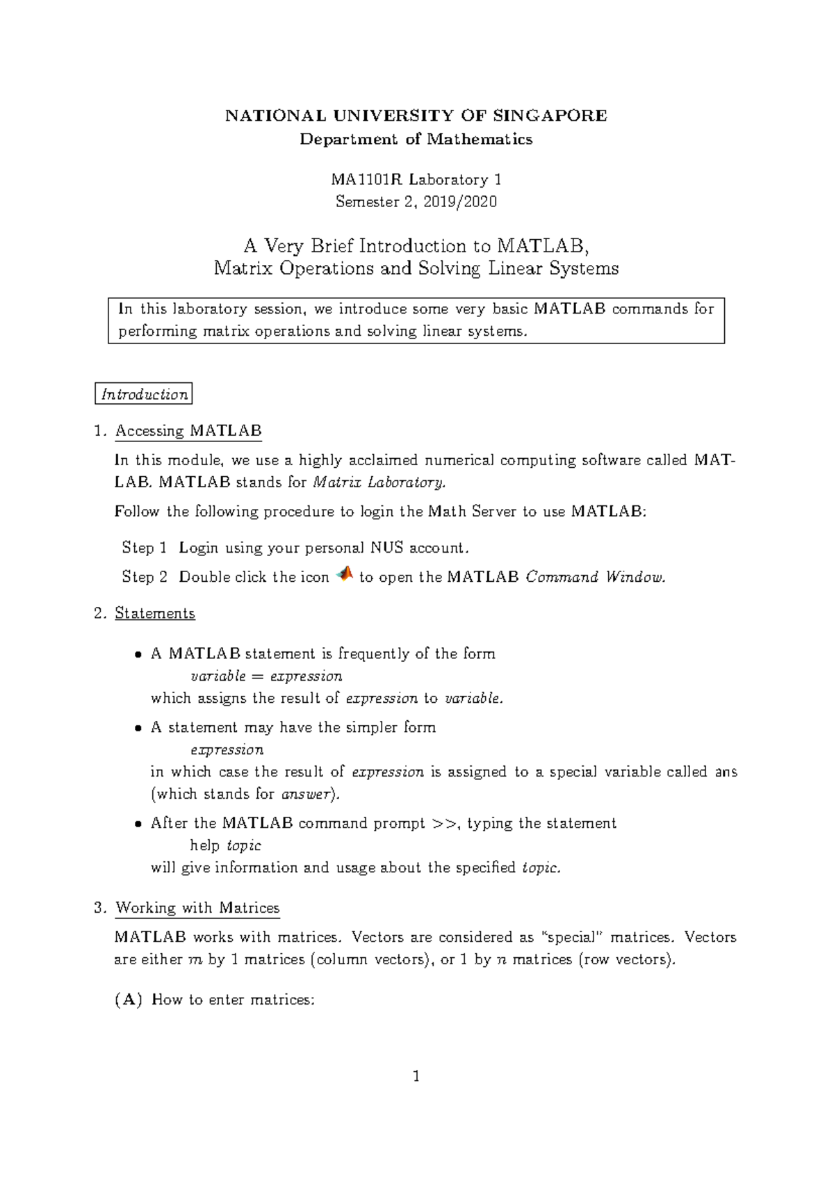 MA1101R Lab 1 - Intro to MATLAB and Matrix Operations - Studocu