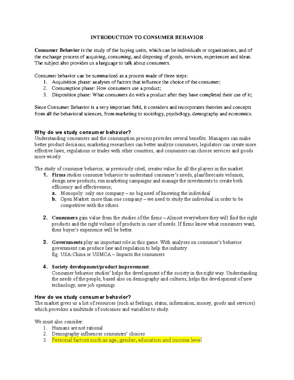 Exam 1 notes to pass the test - INTRODUCTION TO CONSUMER BEHAVIOR ...