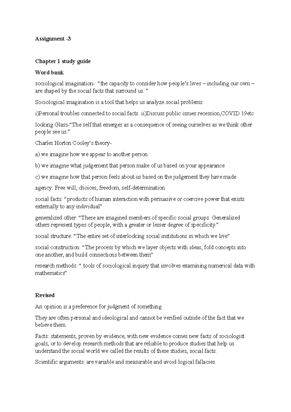 Sociology 101 - Assignment 3: Notes on Chapters 1 & 2 Concepts - Studocu