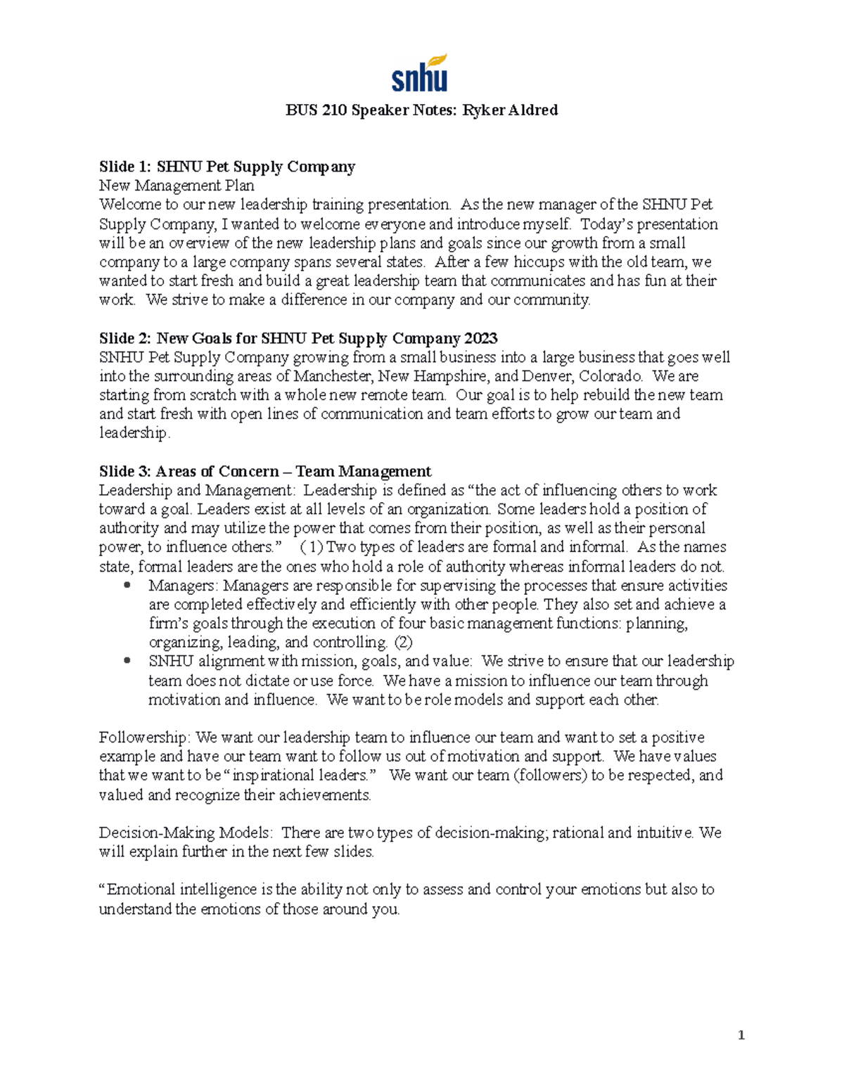 BUS 210 Leadership Training Presentation Speaker Notes - Studocu