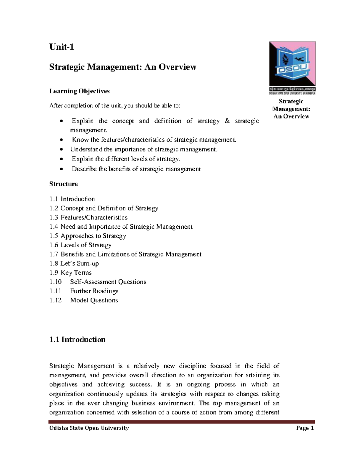 Strategic Management Overview: Key Concepts and Importance - OSOU - Studocu