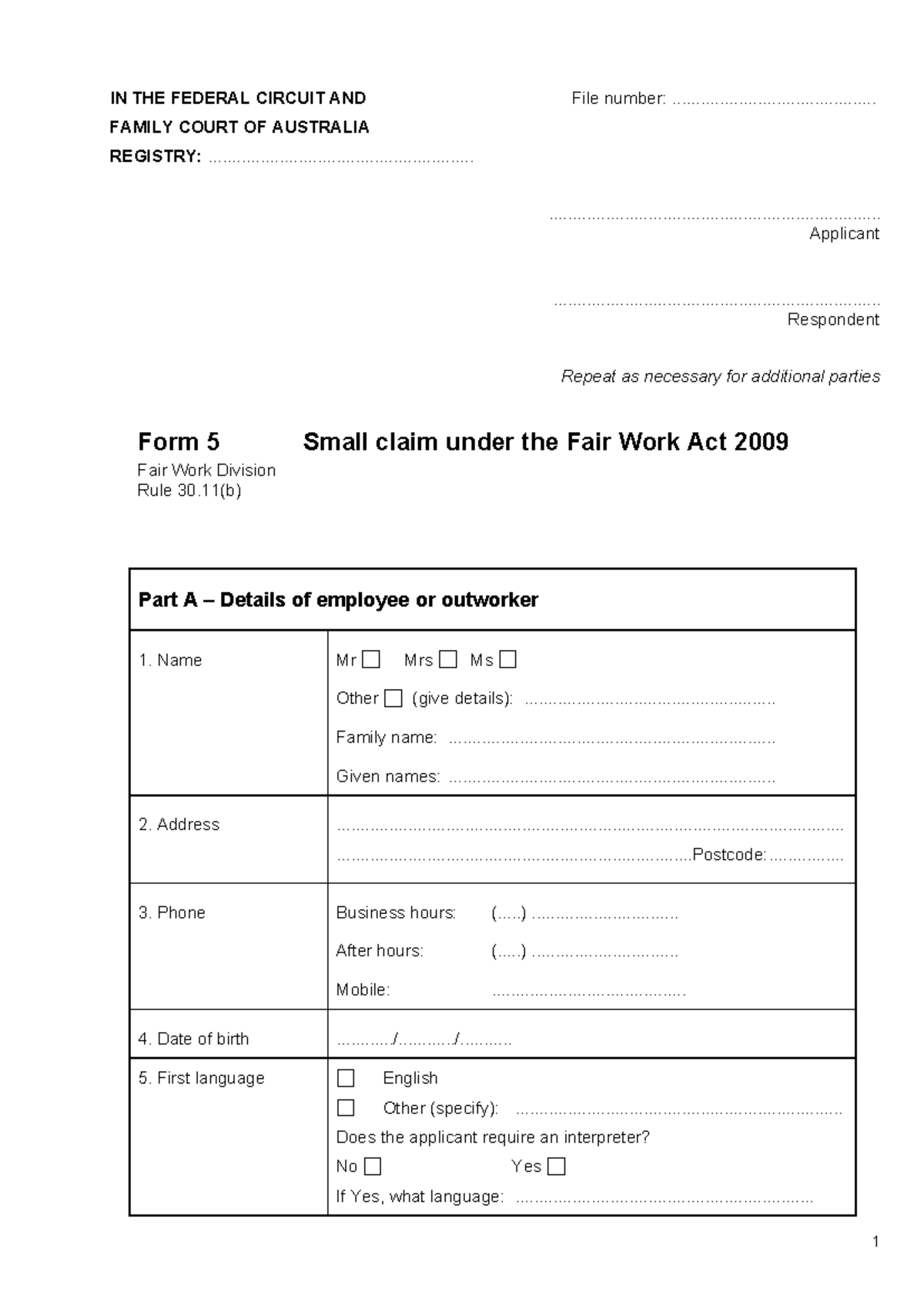 FW Claim Form 5 - Small Claim Under Fair Work Act 2009 - Studocu