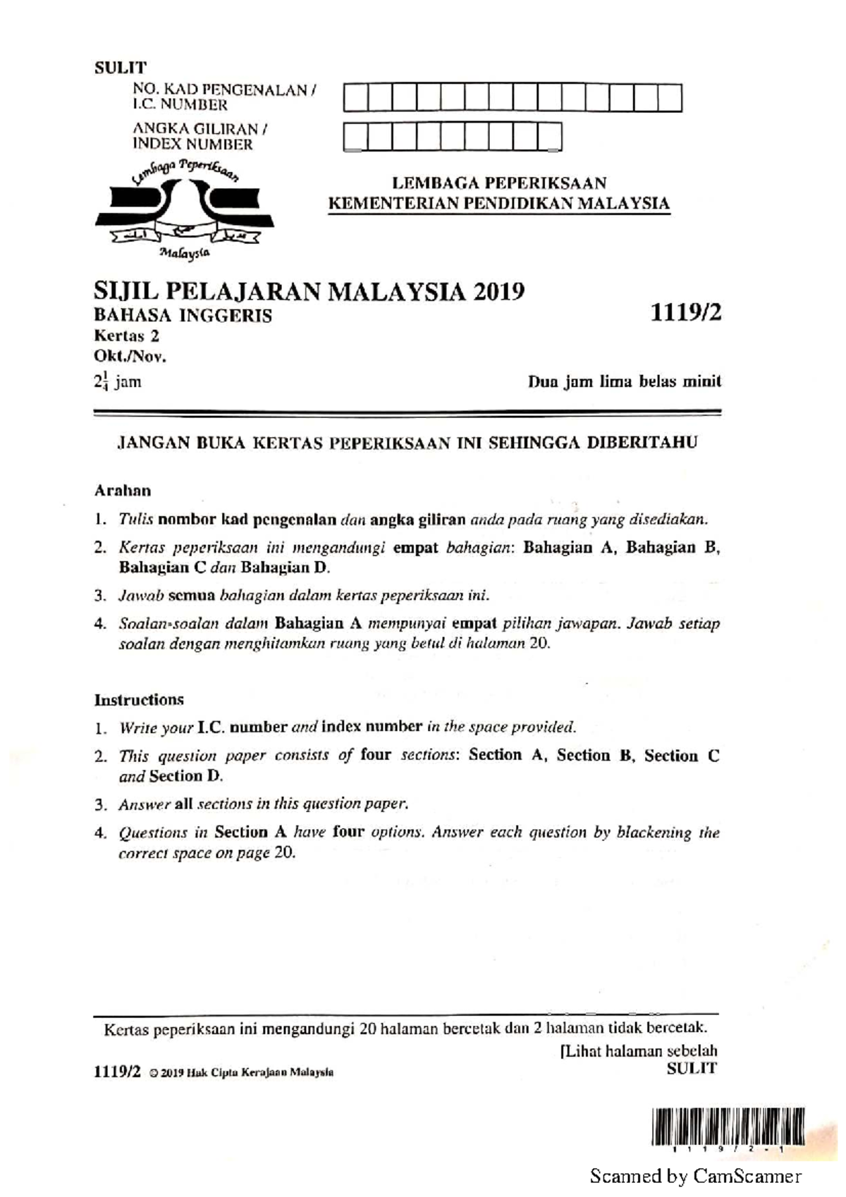 2019 SPM English K2 - Exam Paper with Instructions and Questions - Studocu
