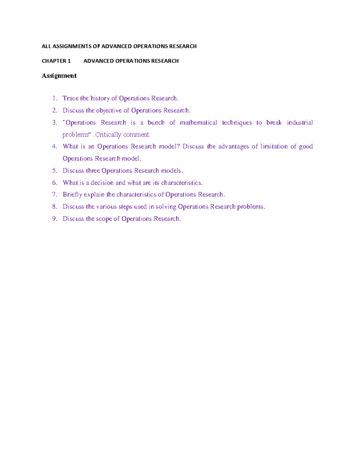 ALL Assignments of Advanced Operations Research (OR-301) - Studocu