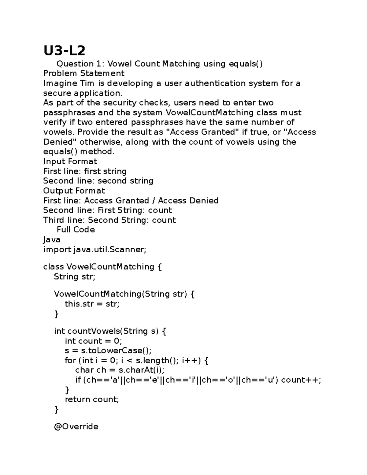 U3-L2: Vowel Count & Instanceof Problems in Java - Studocu
