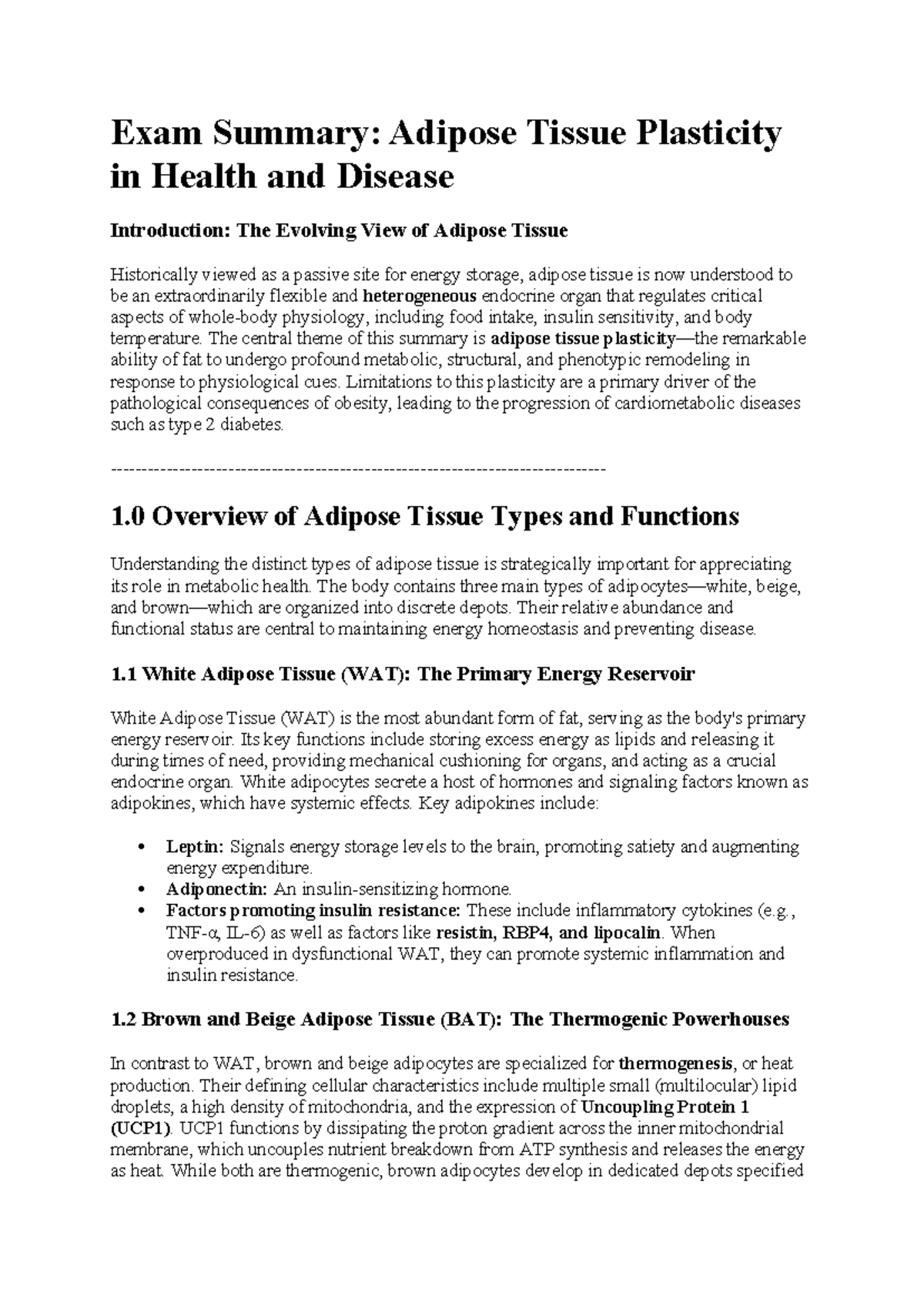 BIOL 305: Exam Summary on Adipose Tissue Plasticity in Health & Disease ...