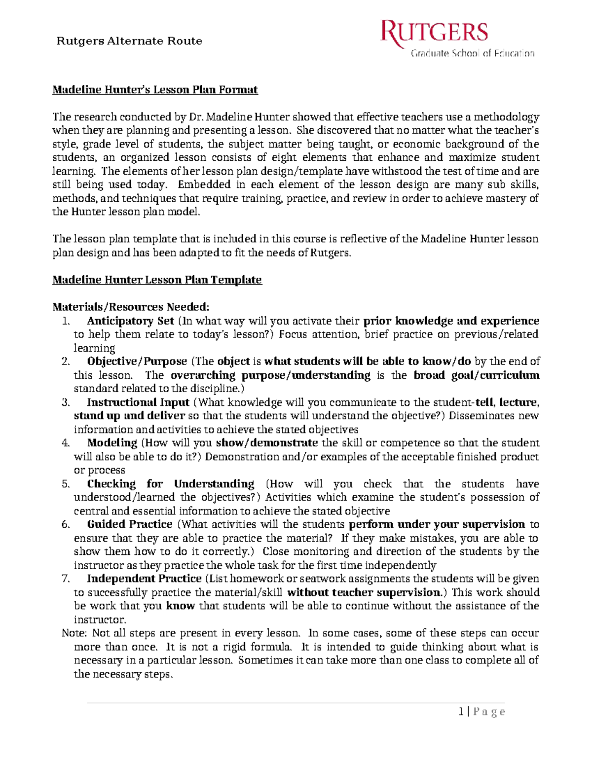 Rutgers Alternate Route: Madeline Hunter Lesson Plan Template - Studocu