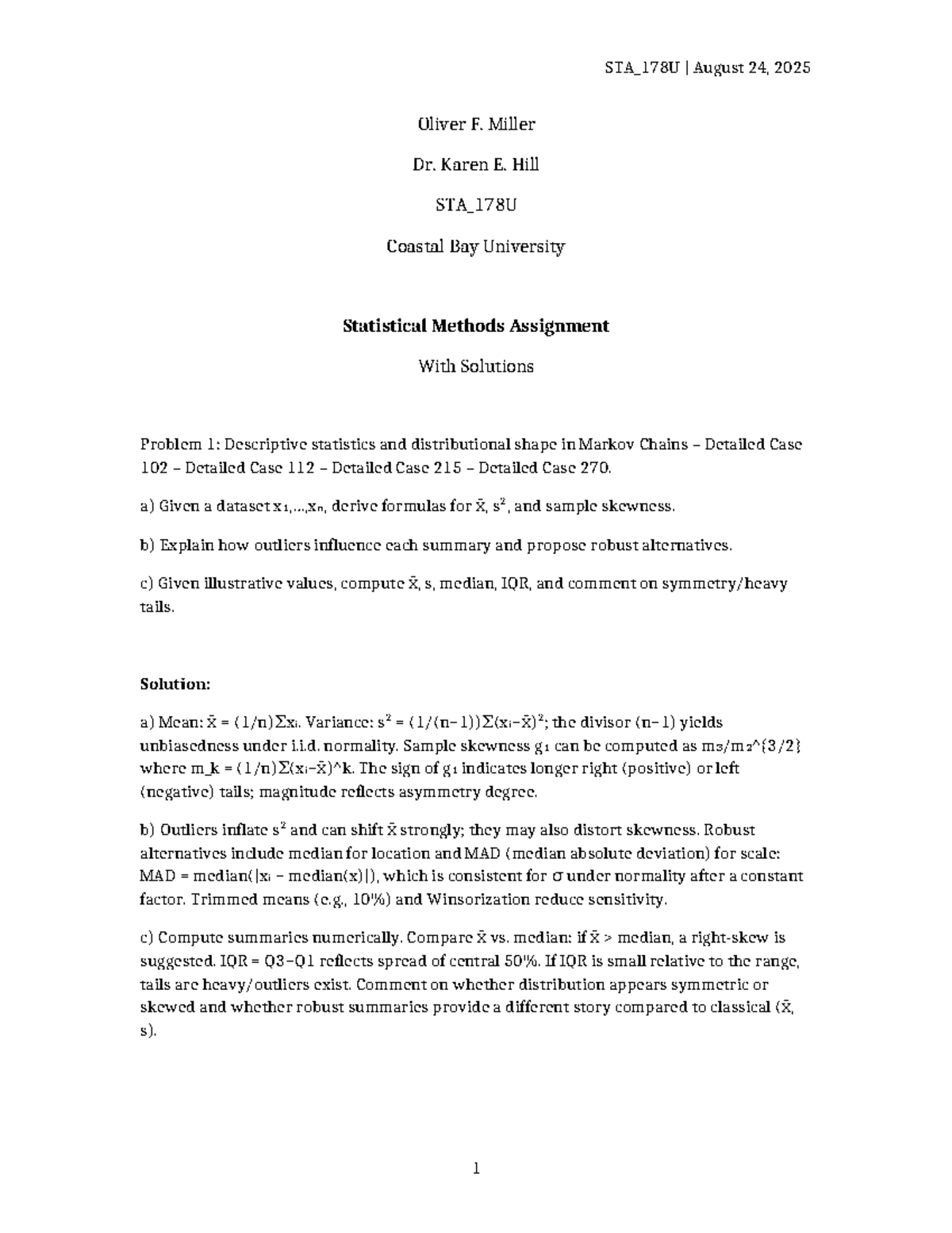 STA_178U Statistical Methods Assignment Solutions on Markov Chains ...