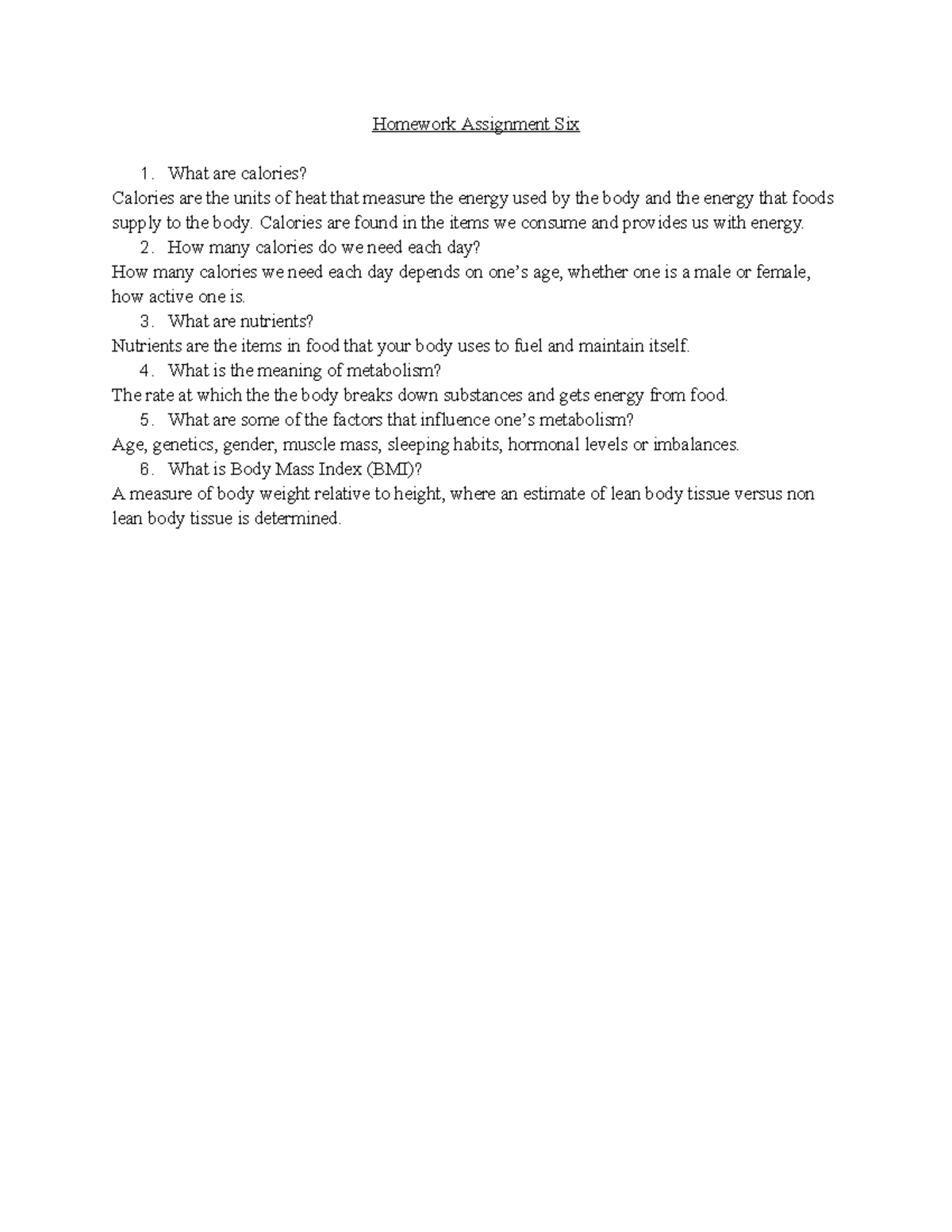 Homework Assignment Six Intro Nutrient - Homework Assignment Six 1 ...