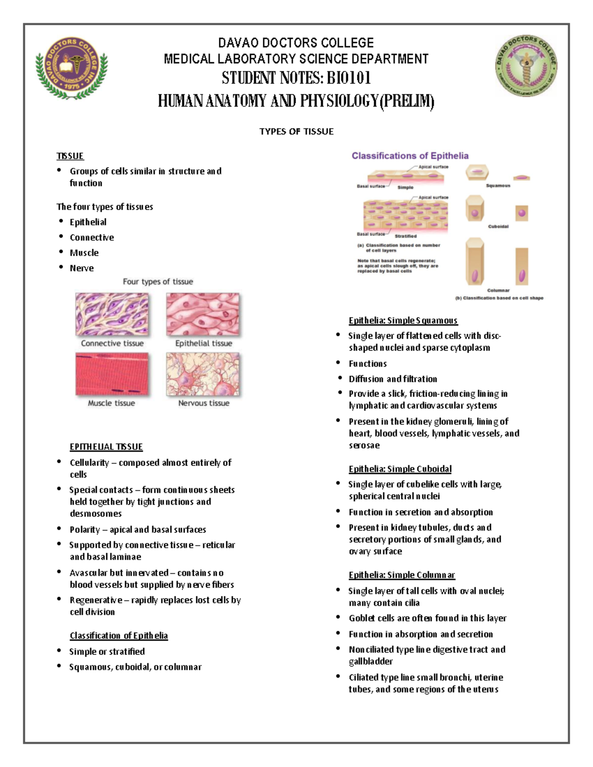 BIO101 Student Notes Tissues - DAVAO DOCTORS COLLEGE MEDICAL LABORATORY ...