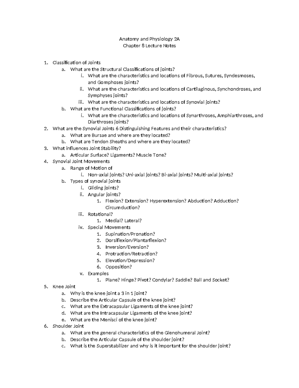 Anatomy and Physiology 2A: Chapter 8 Lecture Notes on Joint ...