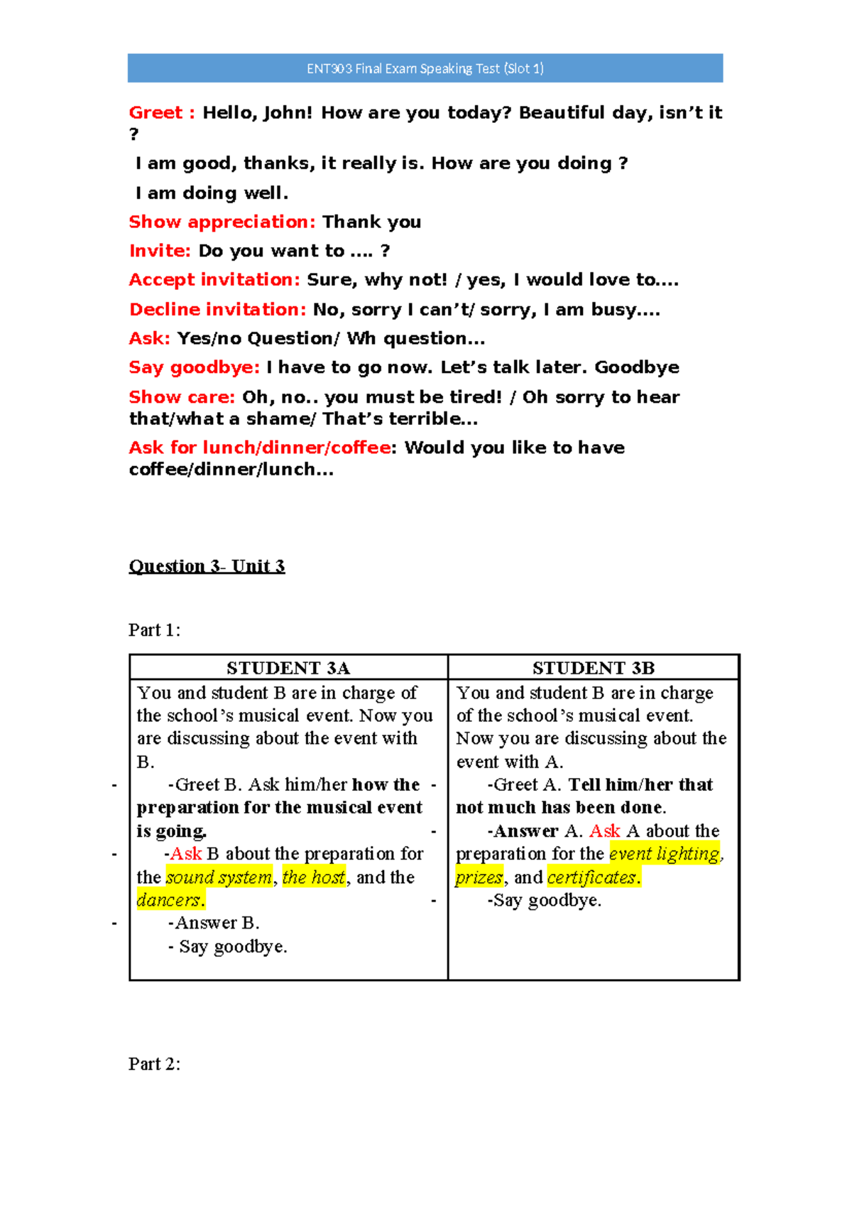 ENT303 Final Exam Speaking Test - Part 1 Overview and Practice - Studocu