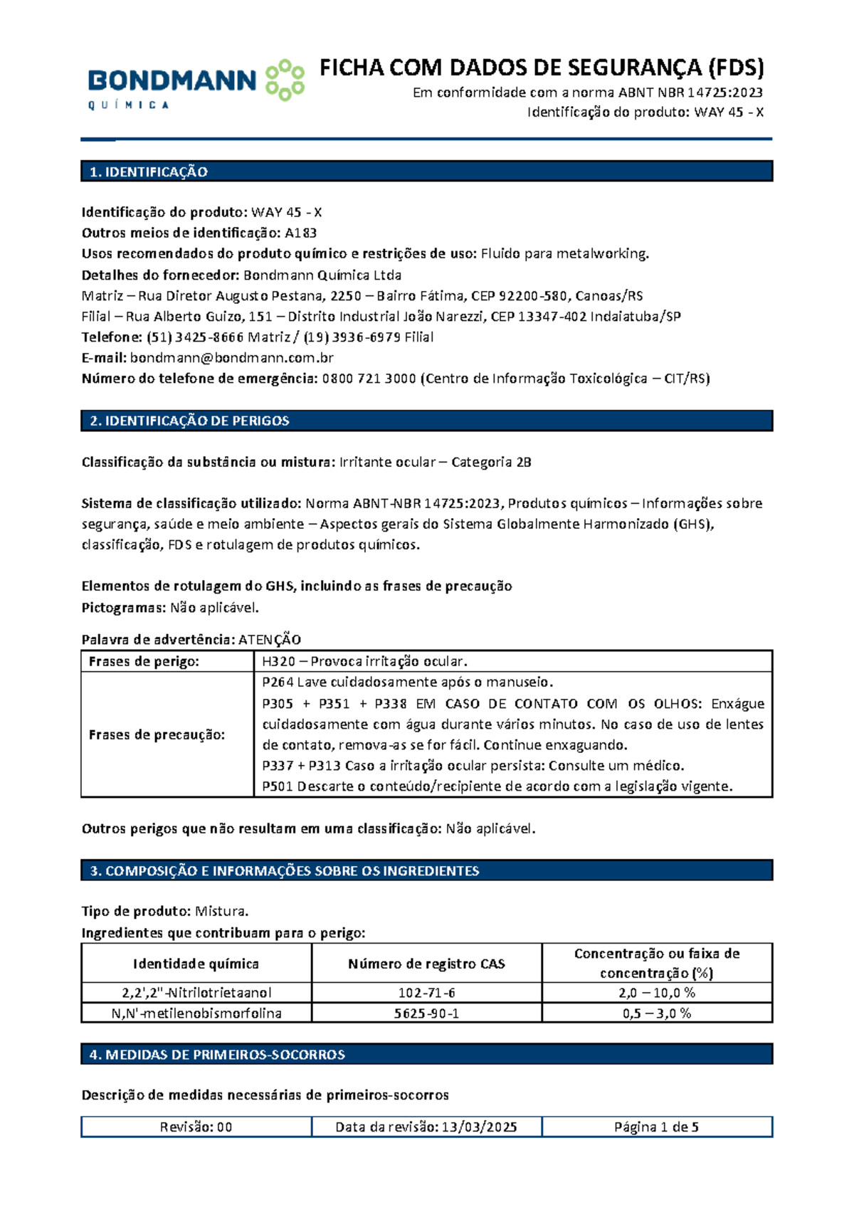 FDS WAY 45 X: Dados de Segurança e Manuseio de Produtos Químicos - Studocu