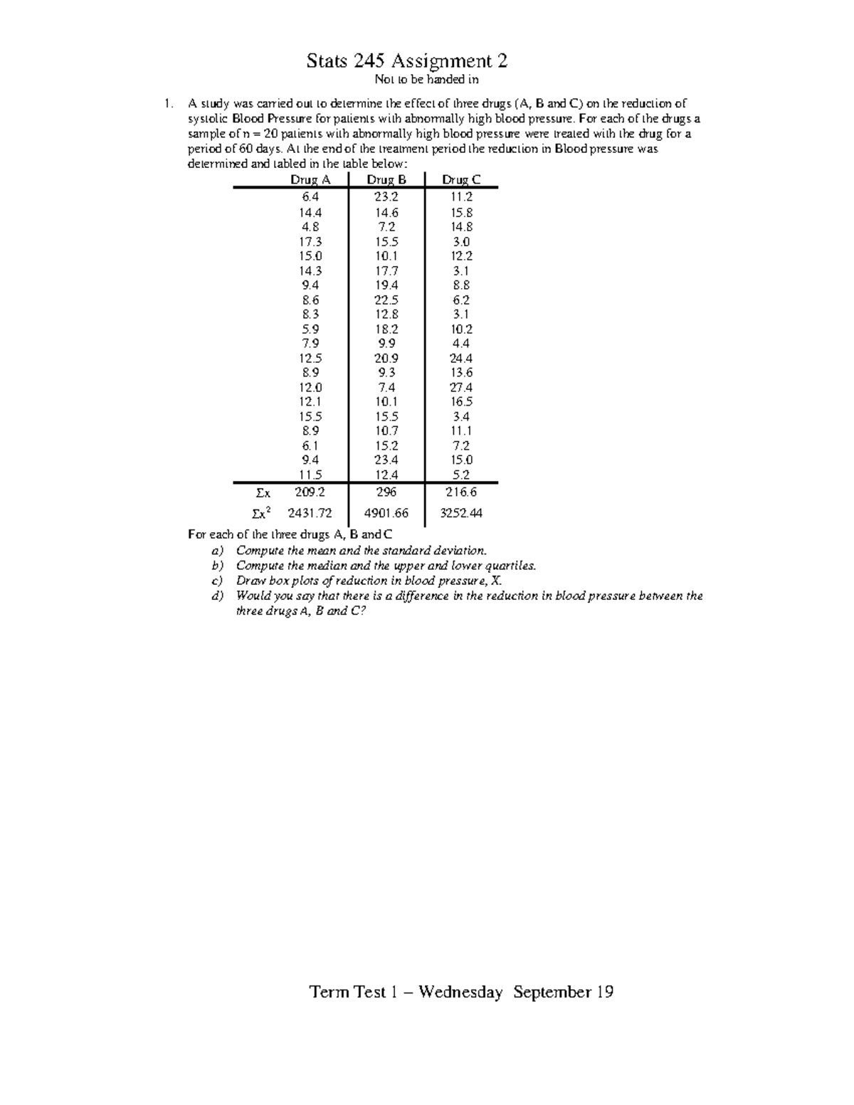 STAT 245 - Assignment 2: Analyzing Blood Pressure Drug Effects - Studocu