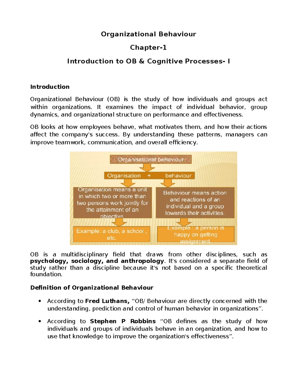 OB 101: Chapter 1 Notes on Organizational Behaviour and Perception ...