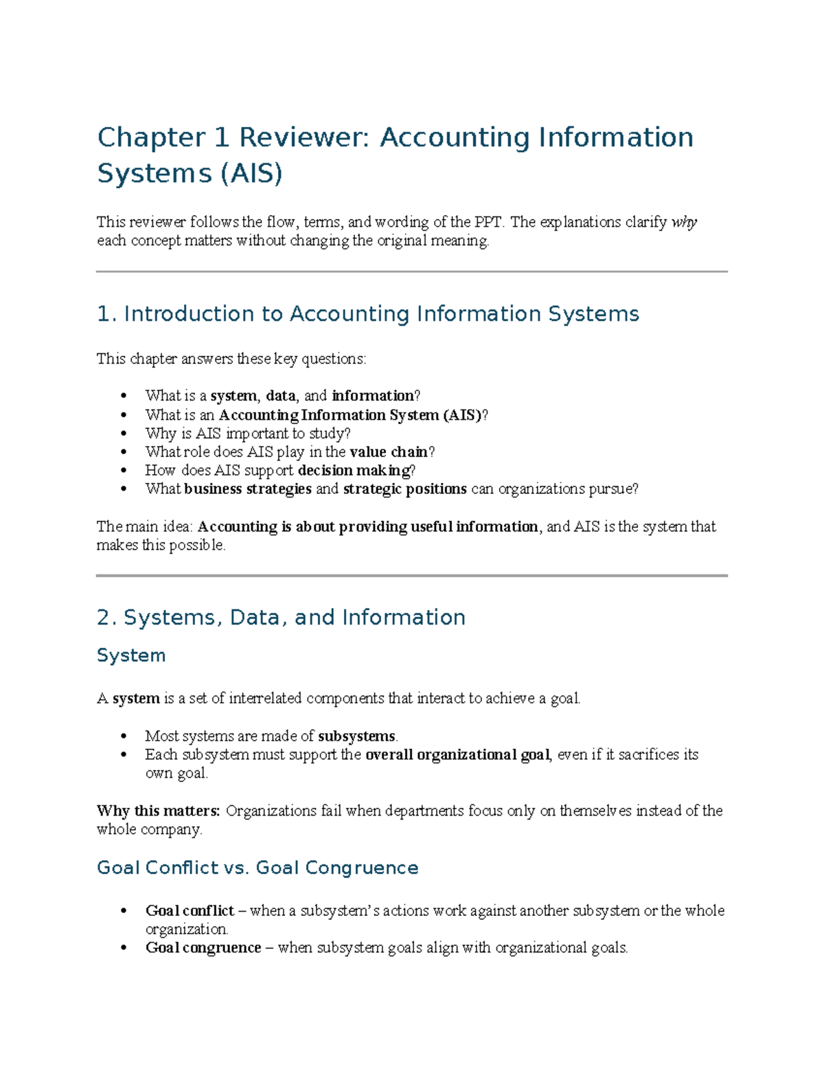 Chapter 1 Review: Accounting Information Systems (AIS) Overview - Studocu