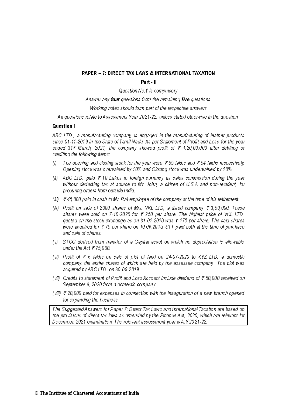 CA Final Dec 2021 Paper 7: Direct Tax Laws & Int'l Taxation Solutions ...