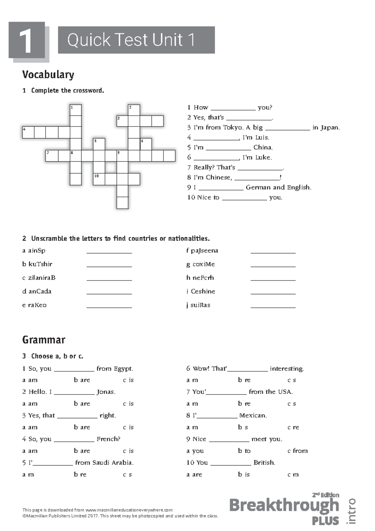 Unit 1 Quick Test Exercise - Vocabulary & Grammar Activities - Studocu