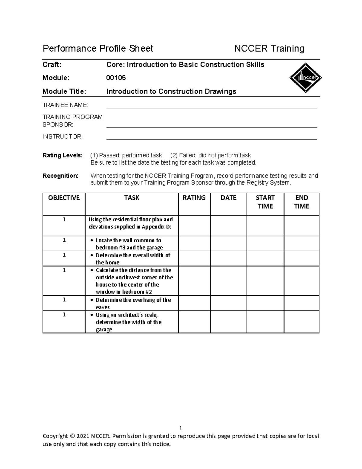 NCCER Training Core Module 00105 Performance Profile Sheet - Studocu