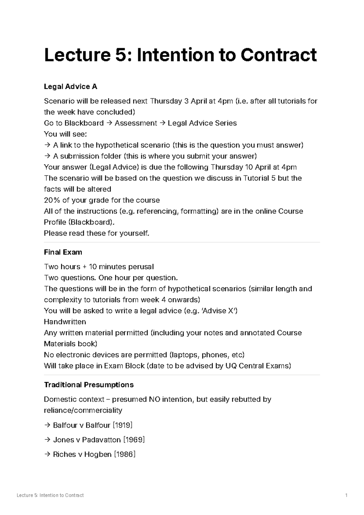 Lecture 5: Intention to Contract - Legal Advice Scenarios and Analysis ...