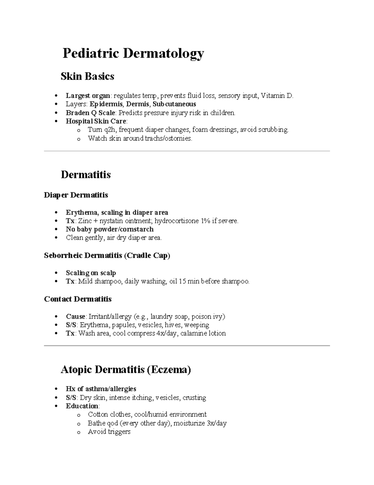 Peds 3 Exam - Pediatric Dermatology & Skin Care Overview - Studocu