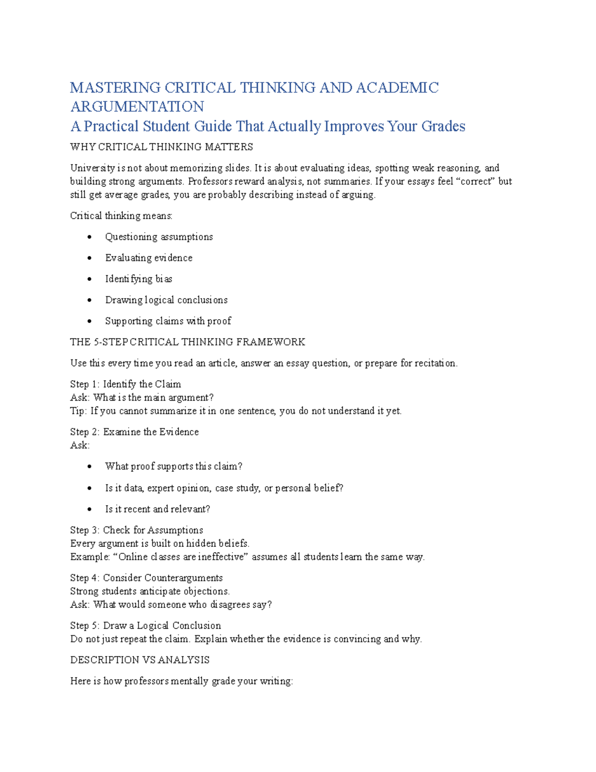 Mastering Critical Thinking & Argumentation: A Student's Guide - Studocu