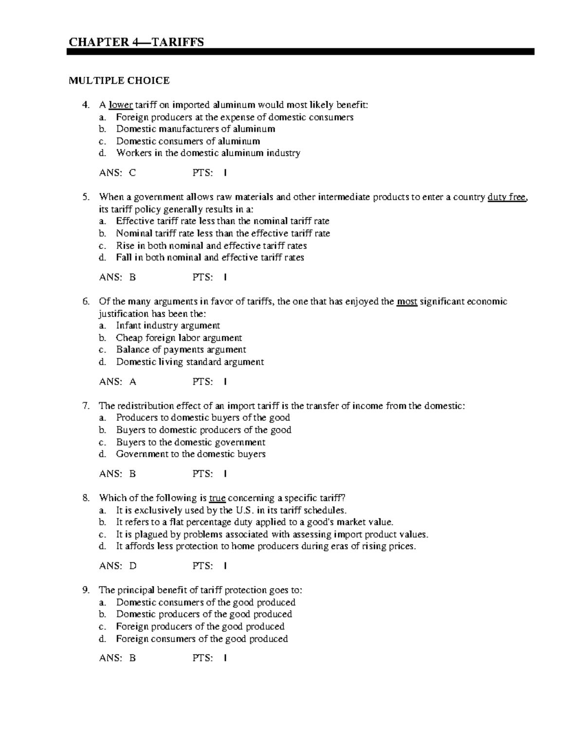 Chapter 04 Tariffs: Test Bank Questions and Answers (ECO 101) - Studocu