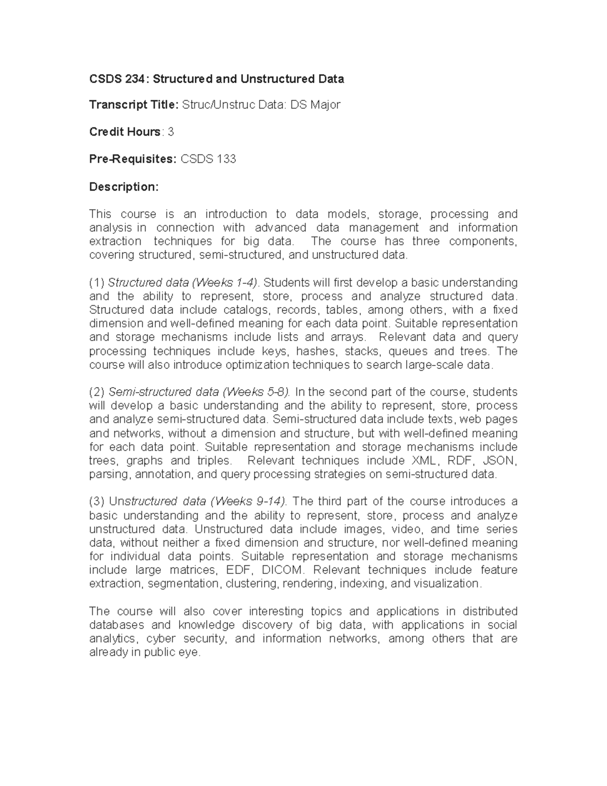 CSDS 234: Syllabus for Structured & Unstructured Data Course - Studocu