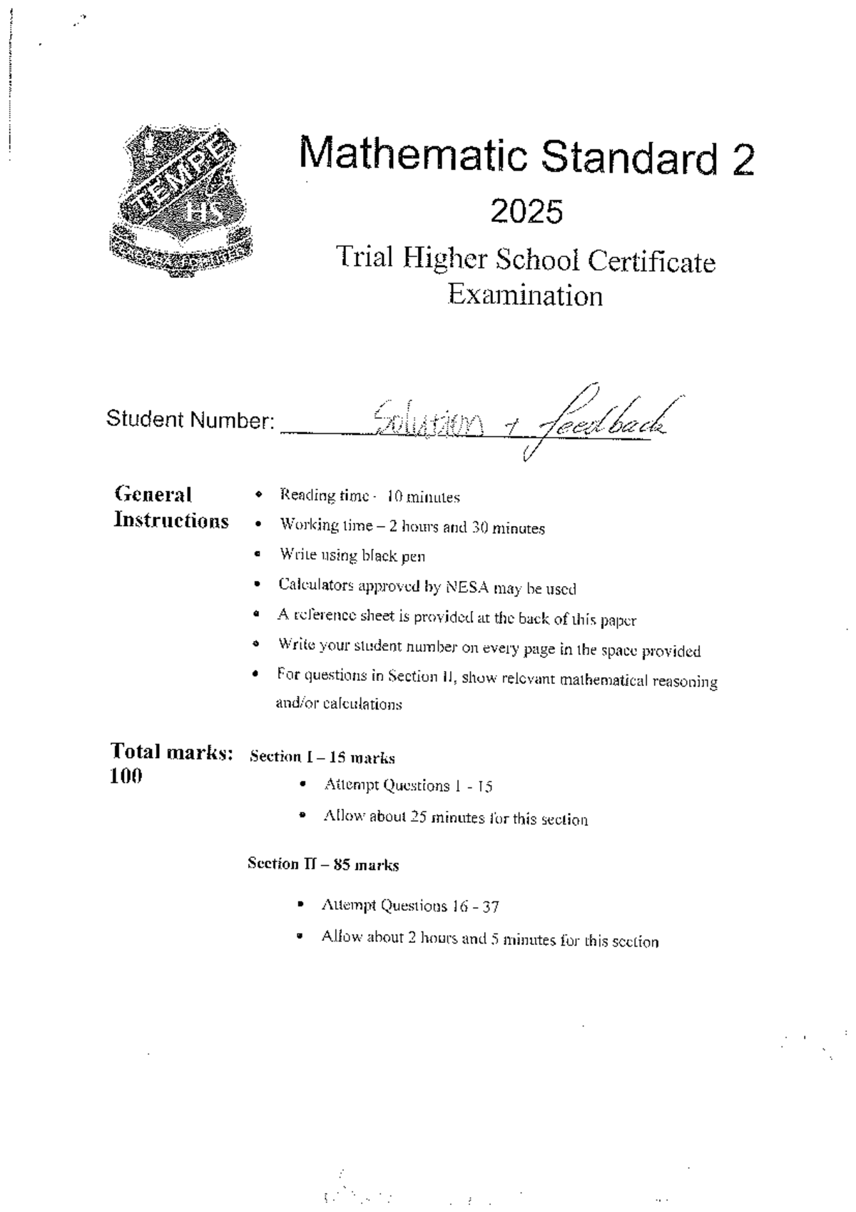 2025 HSC Mathematics Standard 2 Trial Exam Solutions and Feedback - Studocu