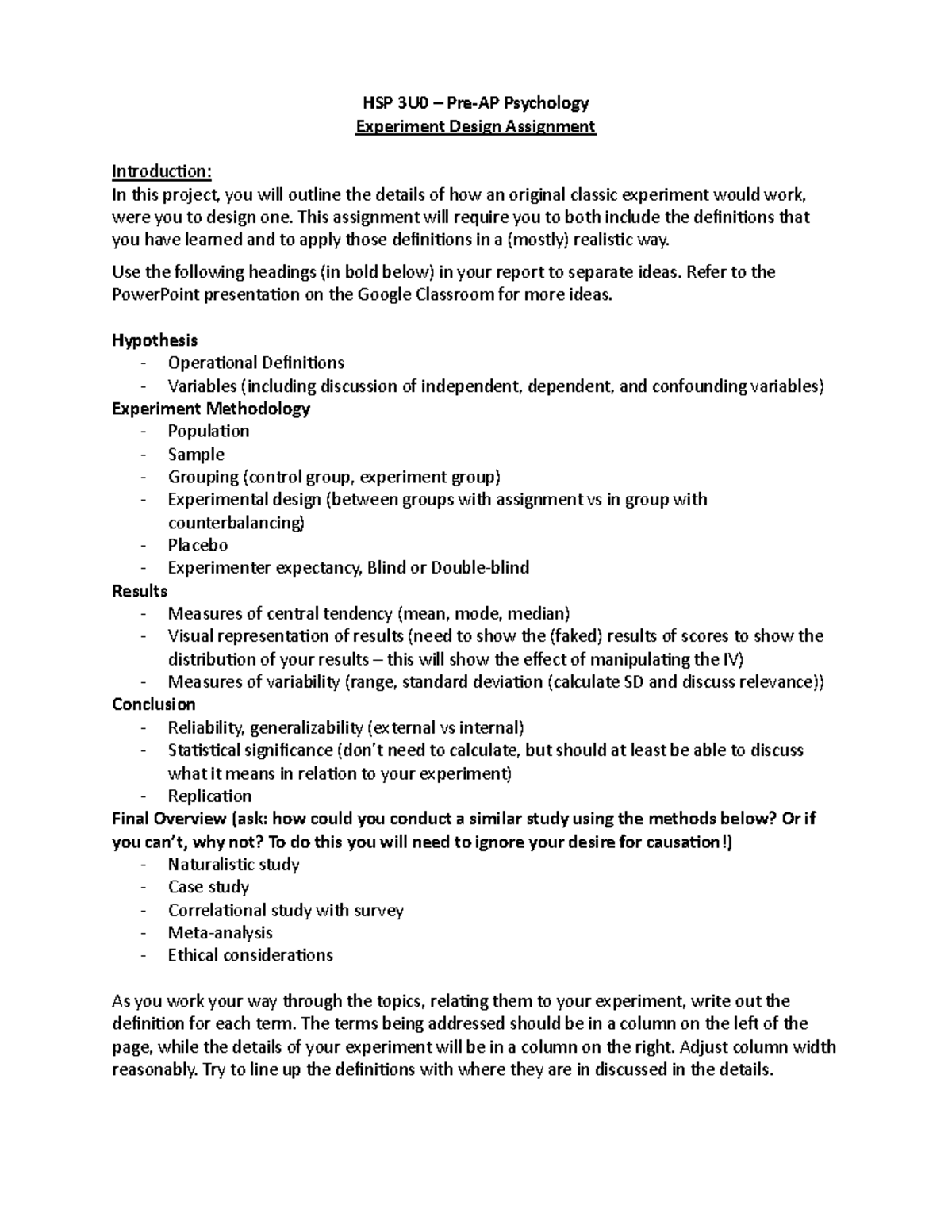 HSP 3U0 Psychology Experiment Design Assignment Overview - Studocu