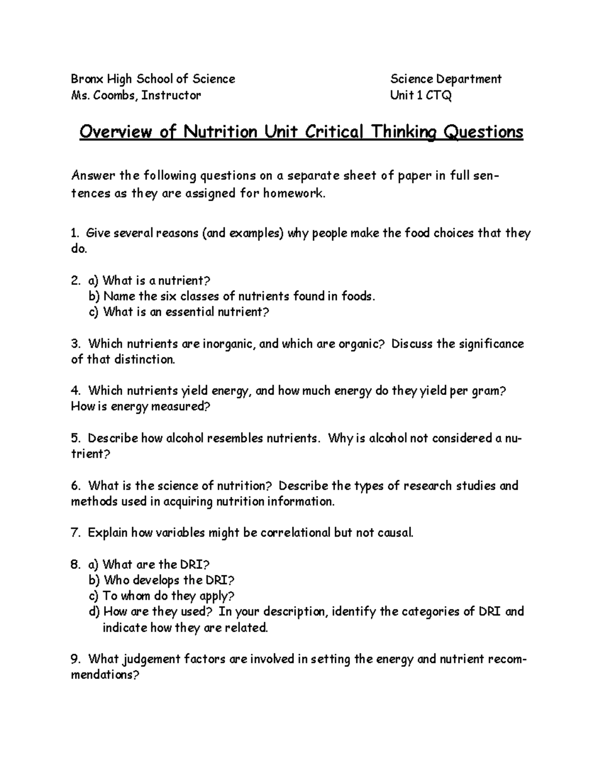 Unit 1 critical thinking qs - Bronx High School of Science Science ...