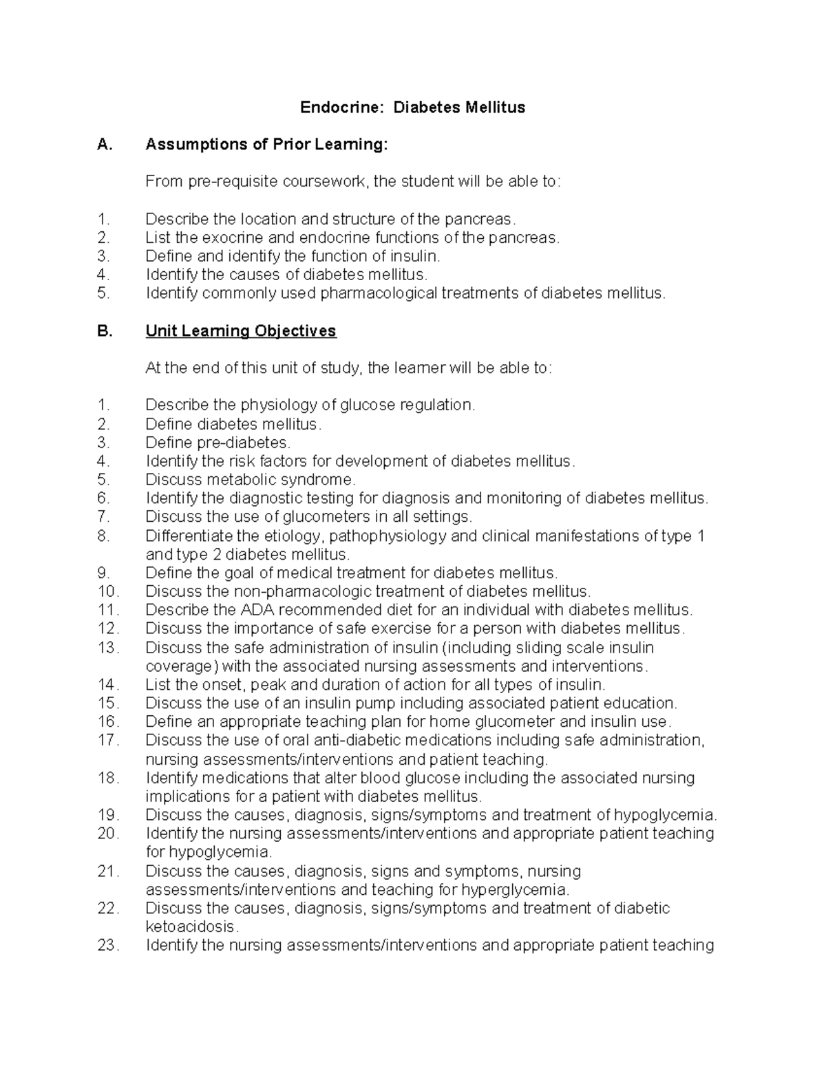 Diabetes Mellitus: Comprehensive Nursing Learning Objectives (NURS 101 ...