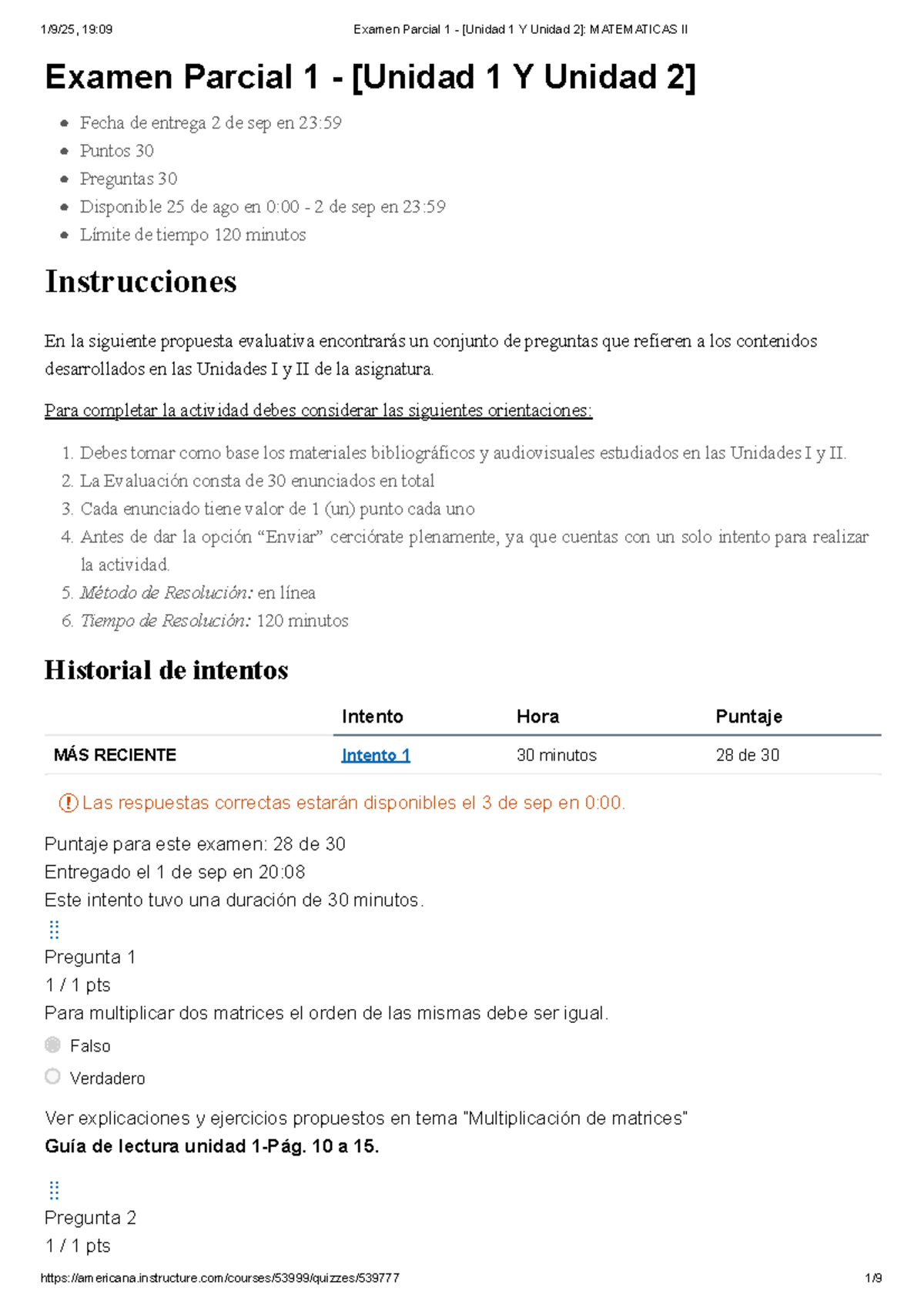 Examen Parcial 1 - Unidades I y II MATEMATICAS II - Studocu