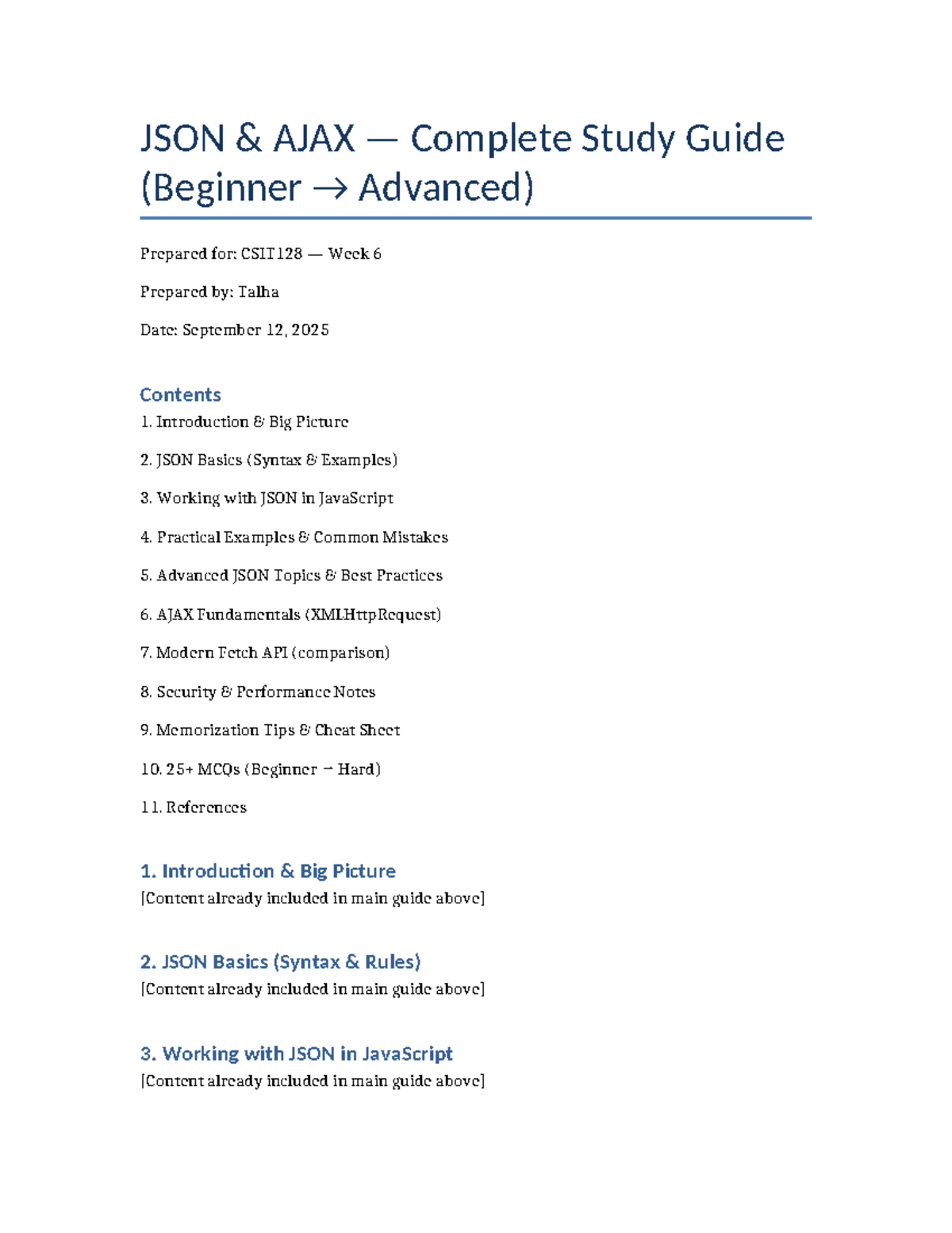 JSON AJAX Study Guide with 25 MCQs for CSIT128 Week 6 - Studocu