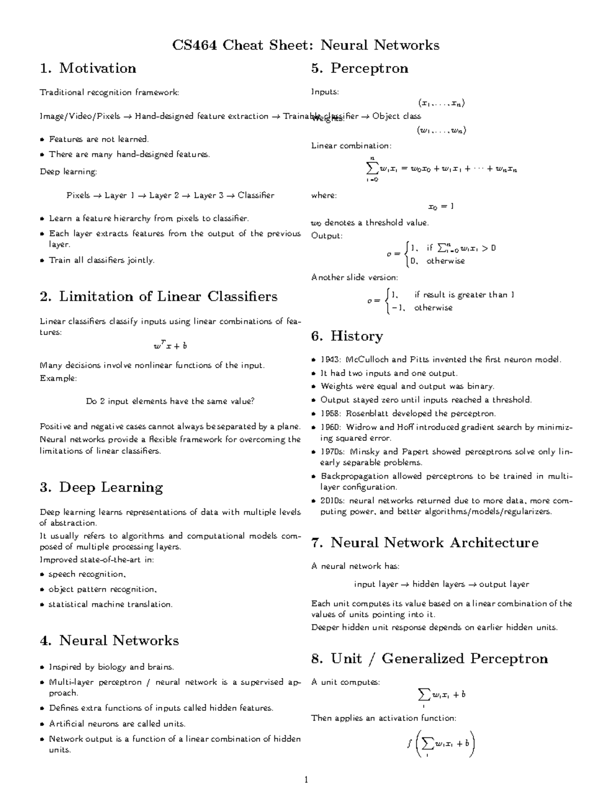 CS464 Cheat Sheet: Overview of Neural Networks and Deep Learning - Studocu