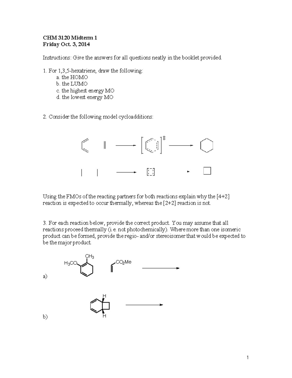 CHM 3120 Midterm 1 Exam Oct 2014: Questions & Answers Guide - Studocu
