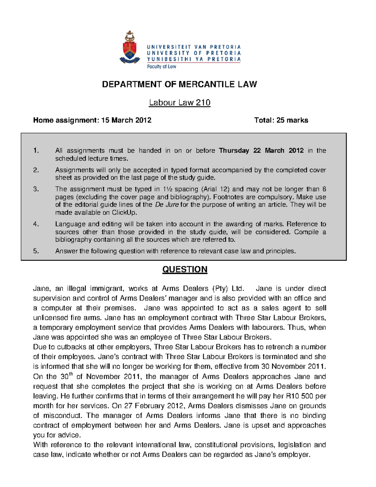 ABR 210 Labour Law Assignment Memo 15 March 2012 - STS - Studocu