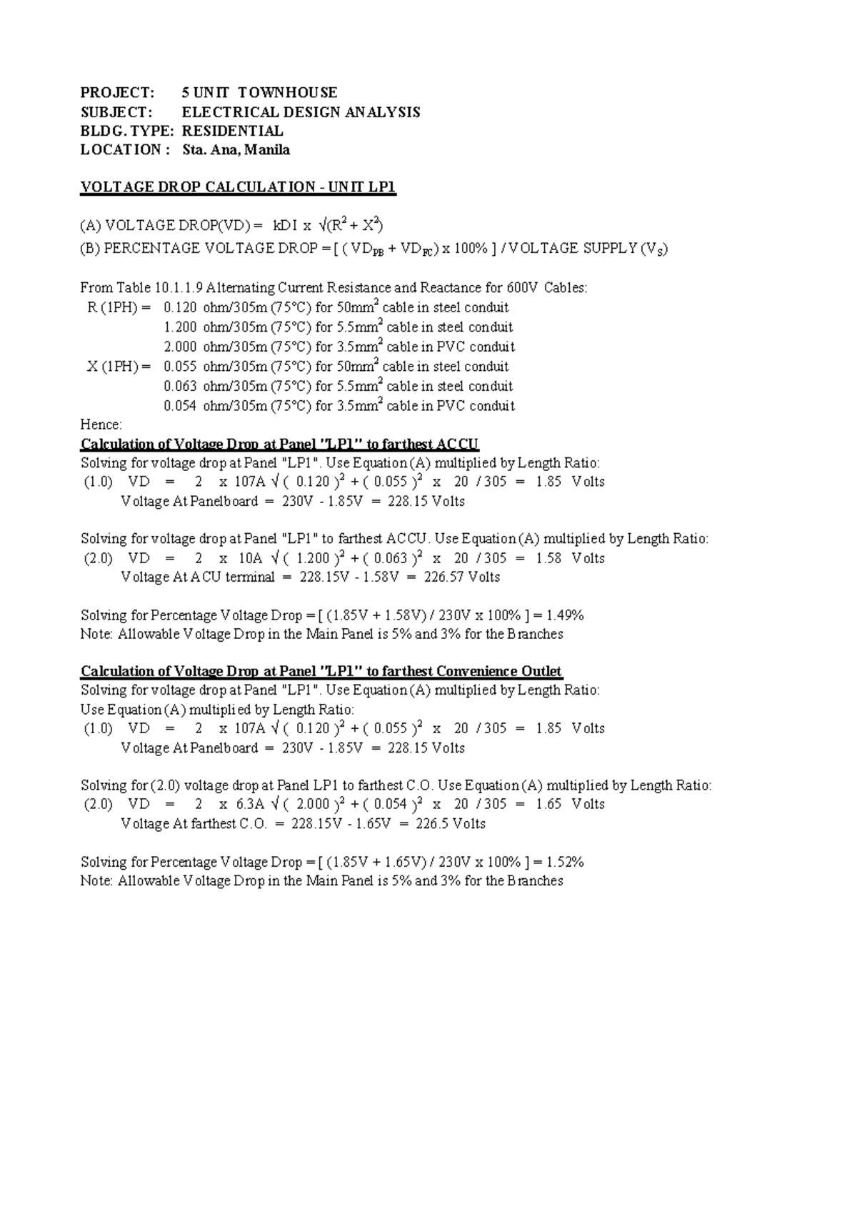 Voltage Drop Calculation for 5 Unit Townhouse Project: Unit LP1 & LP2 ...