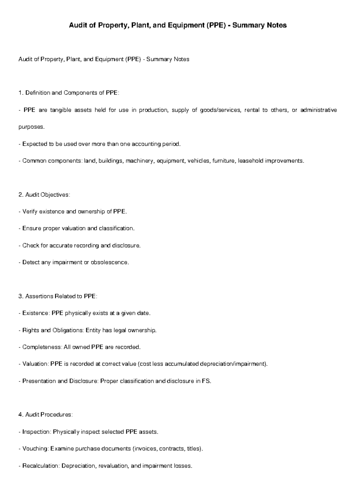 Audit of PPE (Property, Plant, and Equipment) Summary Notes - Studocu